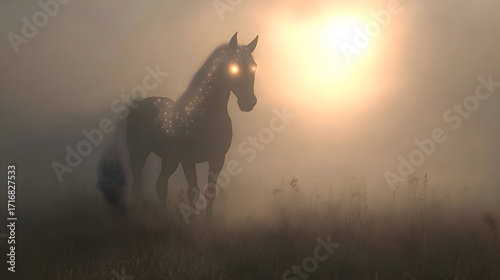 Majestic horse in misty landscape