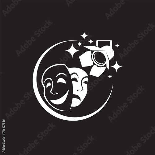 icon of comedy and tragedy theatrical masks with spotlight isolated on black background