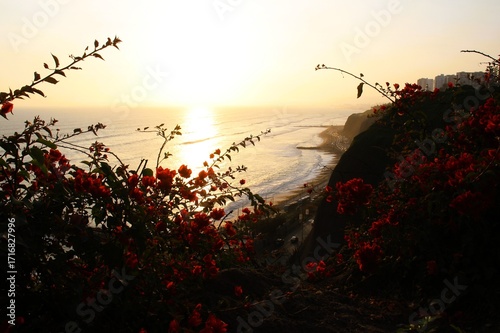 Sunset hour in Miraflores, a beautiful neighborhood  by the Pacific Ocean in Lima, Peru.
