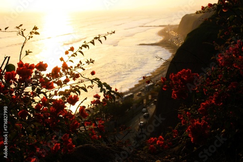 Sunset hour in Miraflores, a beautiful neighborhood  by the Pacific Ocean in Lima, Peru.