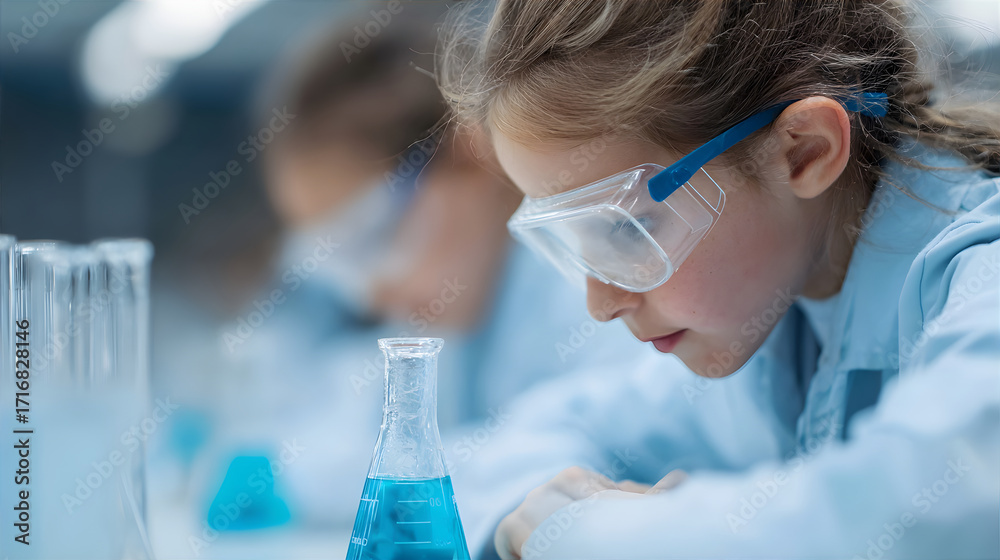 Fototapeta premium Young woman student researcher observing a chemical solution in a laboratory flask. Education science and chemistry experiment concept for school or college.