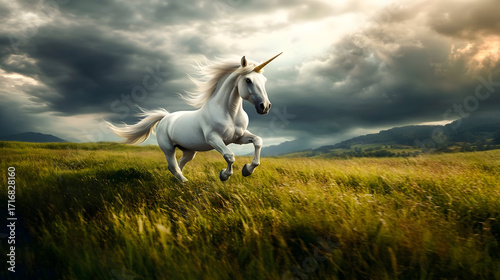 Majestic white unicorn in golden field