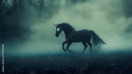 Black unicorn in misty forest