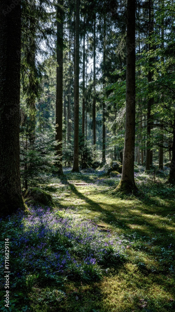 Naklejka premium Sunlight filters through tall trees, illuminating bluebells in a serene forest scene