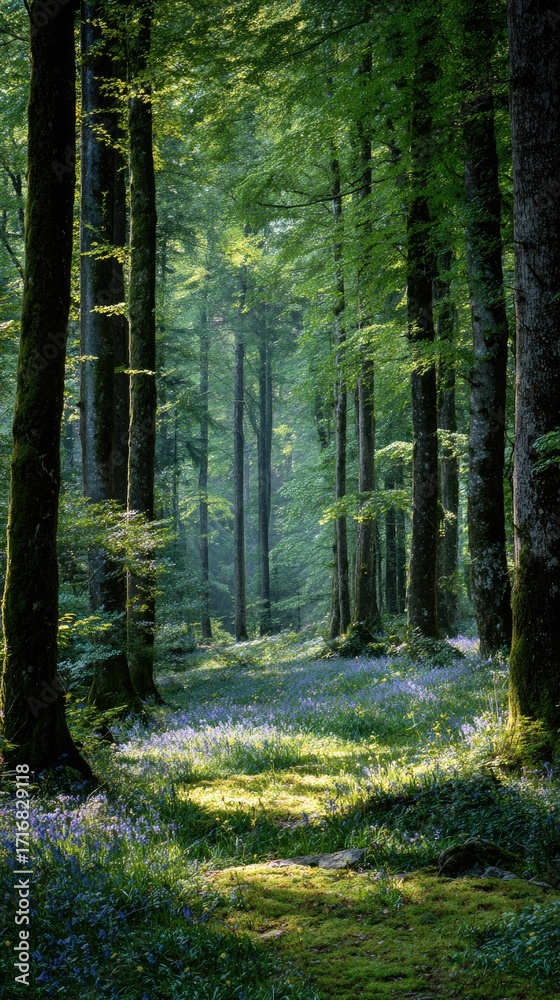 Fototapeta premium Sunlight streams through a lush forest canopy, illuminating the woodland path below