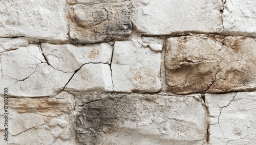 Close-up of textured, weathered brick wall, showing cracks and discoloration