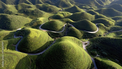 Aerial view winding road through rolling green hills, sunrise