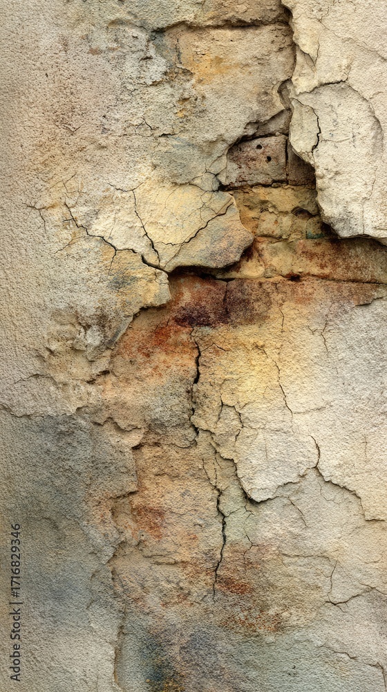 Fototapeta premium Close-up of weathered textured wall with cracks, chips, and aged color variations