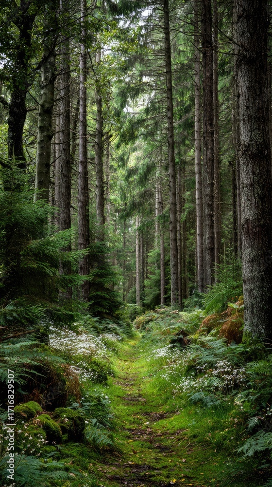 Fototapeta premium Lush green forest path, tall trees reaching the sky, mossy ground