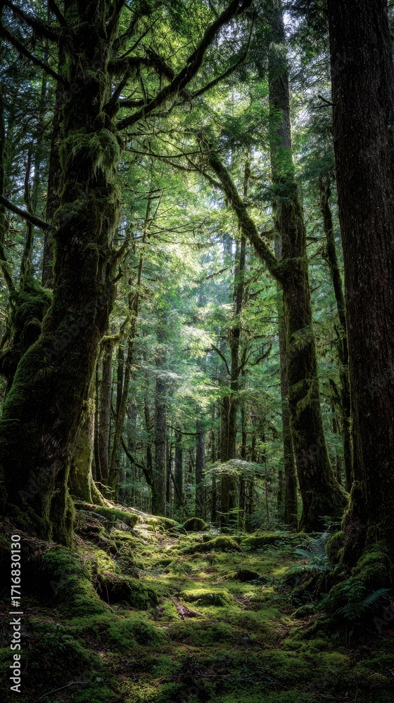 Obraz premium Lush forest with sunlight streaming through trees, mossy path