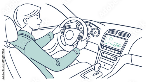 A Person Driving a Car with Dashboard and Steering Wheel Illustration