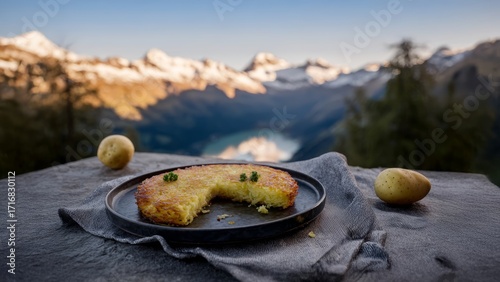 A stunning photo for food and travel brands. A cinematic shot of a warm, rustic potato rösti for a hearty winter meal in a beautiful snowy mountain landscape.