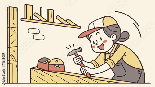 Cartoon Carpenter with Hammer Woodworking Project and Treasure Chest
