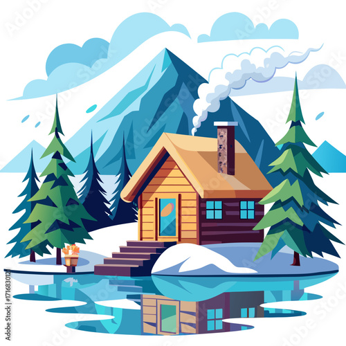 Vector Illustration of Cozy Wooden Cabin by Frozen Lake Surrounded by Snow-Covered Trees and Hills