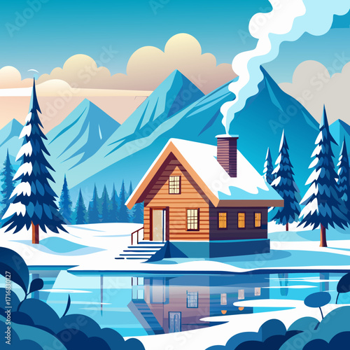 Vector Illustration of Wooden Cabin by Frozen Lake with Snow-Covered Trees Hills and Chimney Smoke