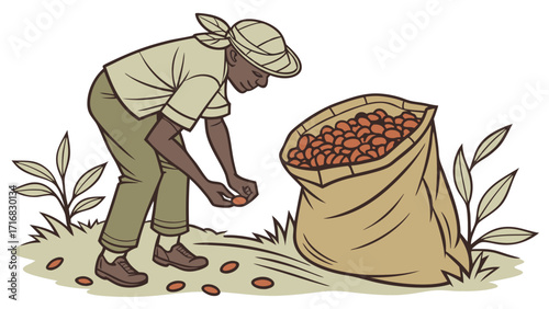 Cartoon illustration of a farmer harvesting nuts into a large burlap sack