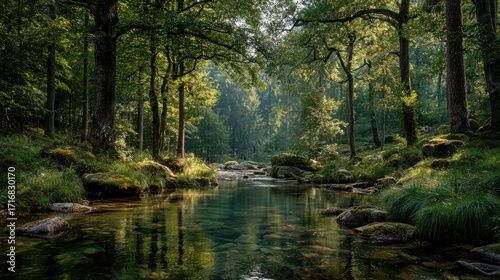 and keyword list based on the image

 Water Flows Through Forest Serene Nature Scene in Deep Woods.