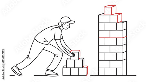 Construction Worker Building a Brick Wall with Red Accents and Focus