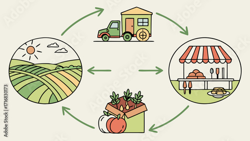 Circular FarmtoMarket Illustration with Crops Transport and Market Stall