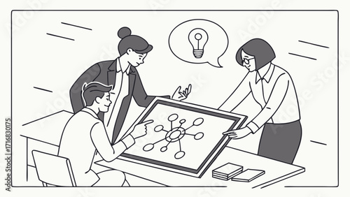 Collaborative Team Brainstorming Session with Idea Bulb and Diagram Displayed