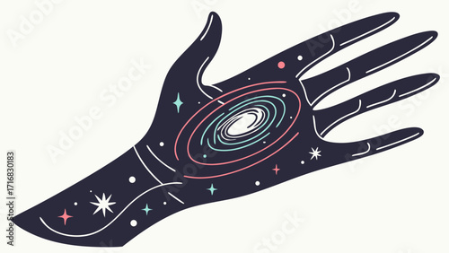 Cosmic Hand Holding a Galaxy Illustrated with Stars and Celestial Elements
