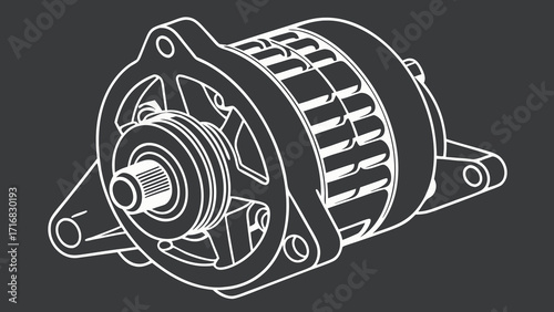 Detailed Automotive Alternator Outline with Intricate Internal Components and Mounting Brackets