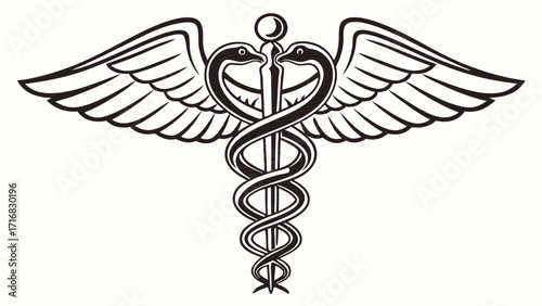 Detailed Caduceus Symbol with Wings Snakes and Staff Medical Icon