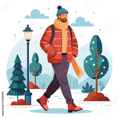 Vector Artwork of Man Walking in Snowy Street Wearing Winter Clothes with Trees and Lamp Posts