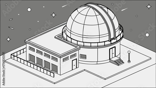 Isometric Observatory with Dome Stars and Meteor Showers in Grayscale