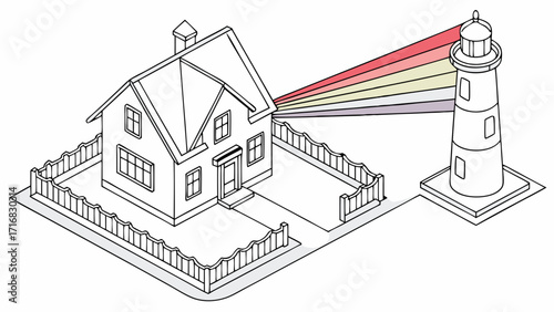 Isometric Projection of a Building with Rainbow Colored Light Beams