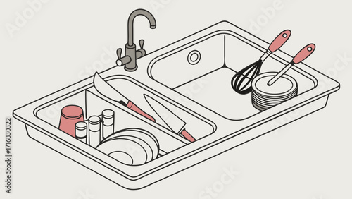 Kitchen Sink with Dishes Utensils and Knives in a Clean Organized Manner