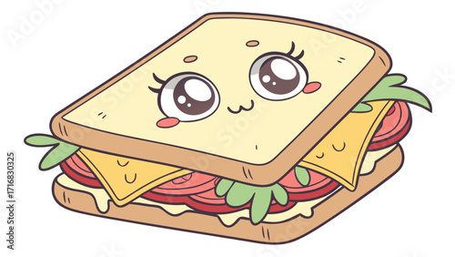 Kawaii Sandwich with Cheese Tomato and Lettuce Featuring Large Anime Eyes