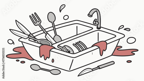 Overflowing Kitchen Sink with Dirty Dishes and Reddish Spills