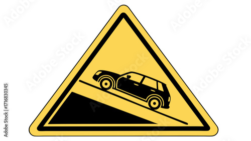 Steep Descent Warning Sign with Black Car Silhouette on Yellow Triangle