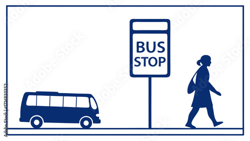 Stylized Bus Stop Scene with Silhouette of Woman and Bus in Dark Blue