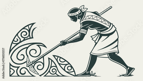 Silhouette of a Warrior with Spear and Decorative Swirls Ready to Strike