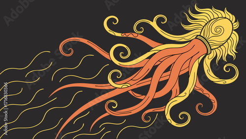 Stylized Sunlike Creature with Flowing Tentacles and Swirling Details