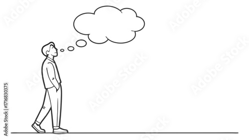 Thoughtful Man Walking Side Profile Line Art Dreamy Cloud Thought Bubble