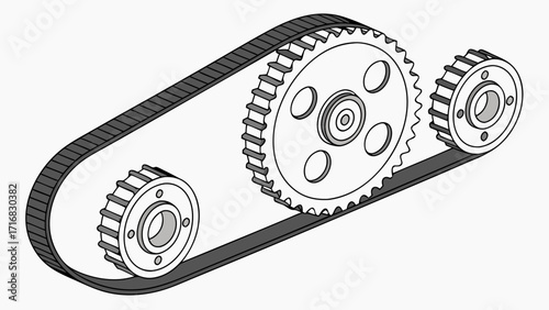 Timing Belt System with Sprockets and Toothed Belt in Isometric View