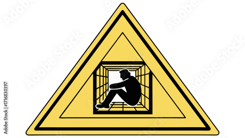 Trapped Silhouette Man in Confined Cage Within a Yellow Warning Triangle