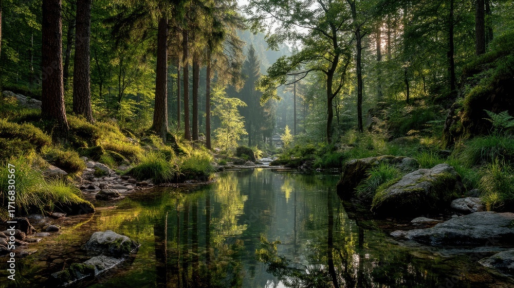 Obraz premium and keywords based on the imageRiver Reflects Dense Forest Serene Stream Amidst Tall Trees in Wilderness