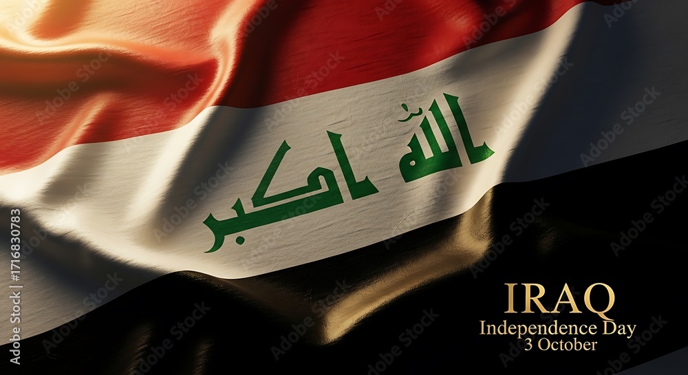 Naklejka premium Dramatic Draped Iraqi Flag: Independence Day, October 3rd - Rich Texture and Golden Text