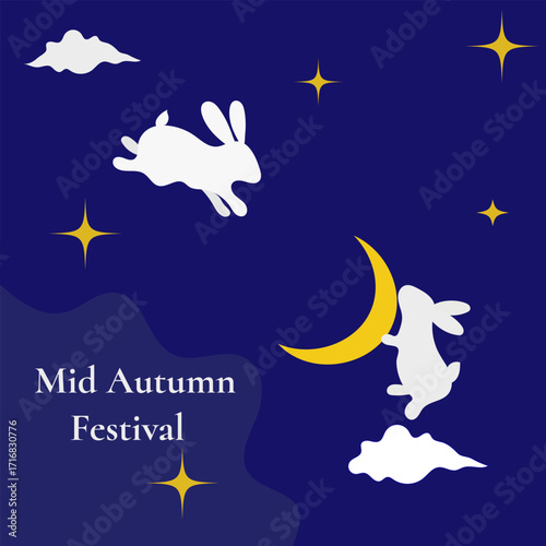 Rabbits with a moon in the starry sky. Mid-autumn holiday