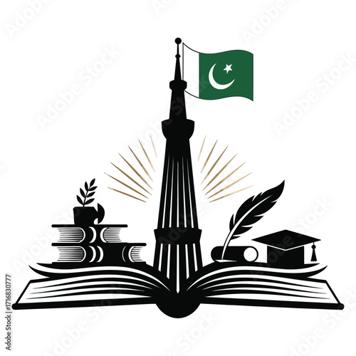 High-resolution black vector silhouette illustration on pure white background, where an open book transforms into the Minar-e-Pakistan monument, with a waving national flag from its peak.