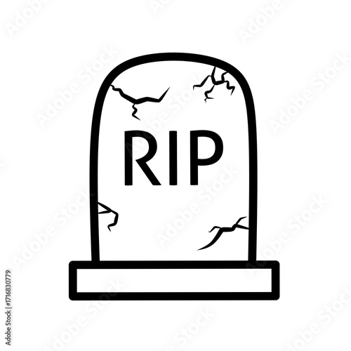 Minimalist Line Art Tombstone with Crack and Rest In Peace Text Sign