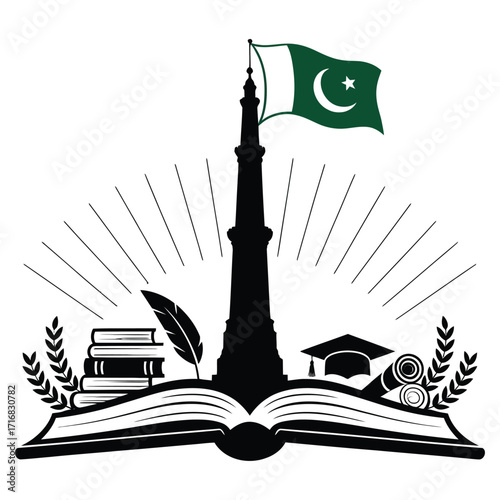 High-resolution black vector silhouette illustration on pure white background, where an open book transforms into the Minar-e-Pakistan monument, with a waving national flag from its peak.