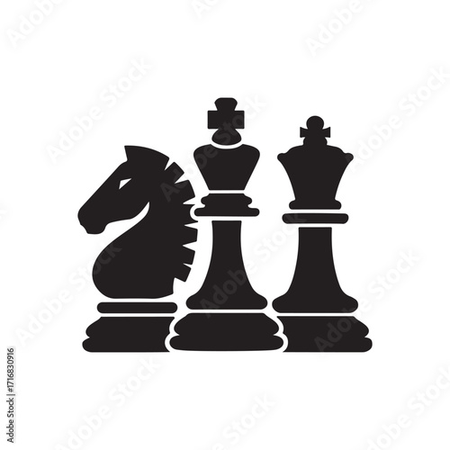 Chess Pieces Silhouette Icon Set – King, Queen, and Knight Black Symbols for Strategy and Board Game Design