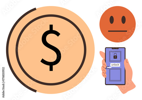 Smartphone displaying lock screen with unlock option and large dollar sign representing finance. Additional neutral face icon suggests reliability. Ideal for finance, technology, security, banking