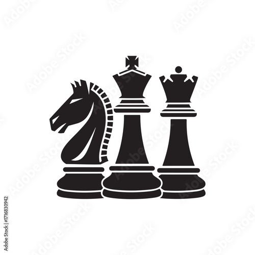Chess Pieces Silhouette Icon Set – King, Queen, and Knight Black Symbols for Strategy and Board Game Design