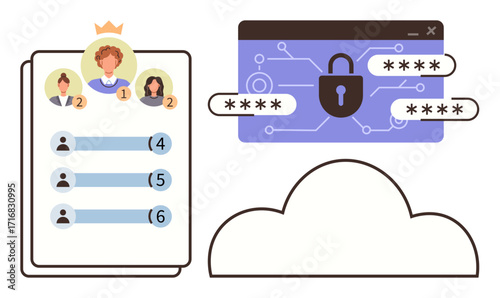 User leaderboard ranking with avatars, cloud storage, and online password encryption with a secure lock. Ideal for privacy, technology, cybersecurity, user management, cloud services, hierarchy